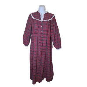 Lanz of Salzburg Flannel Nightgown Red Plaid Eyelet Lace‎ Floral Sz S